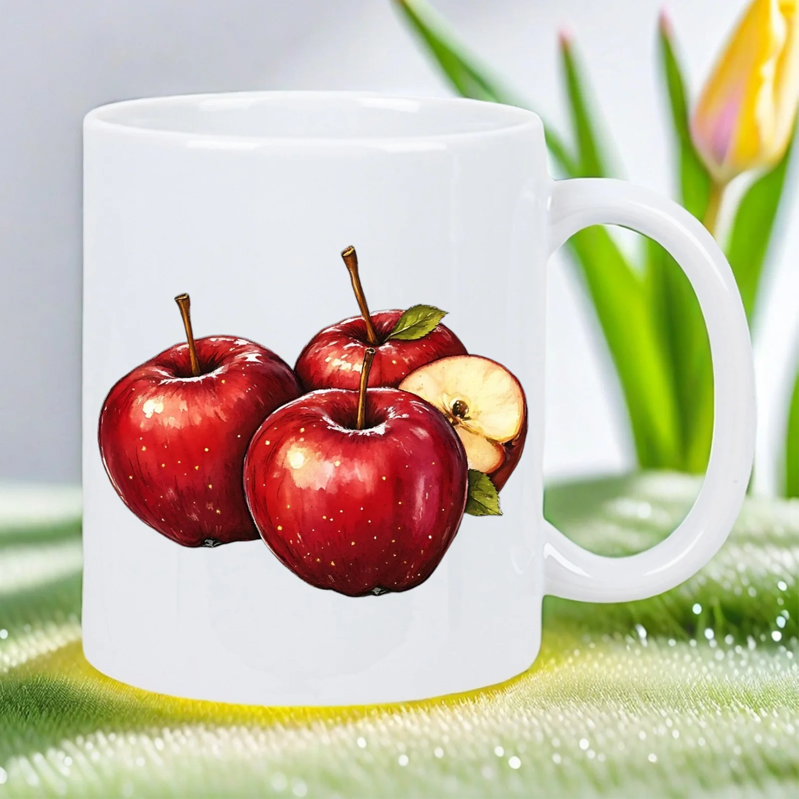 

Charming Apple Print Ceramic Mug - White Apple-Themed Coffee & Tea Cup, Hand Wash Only, Durable Reusable Ceramic Cup for Hot Dri