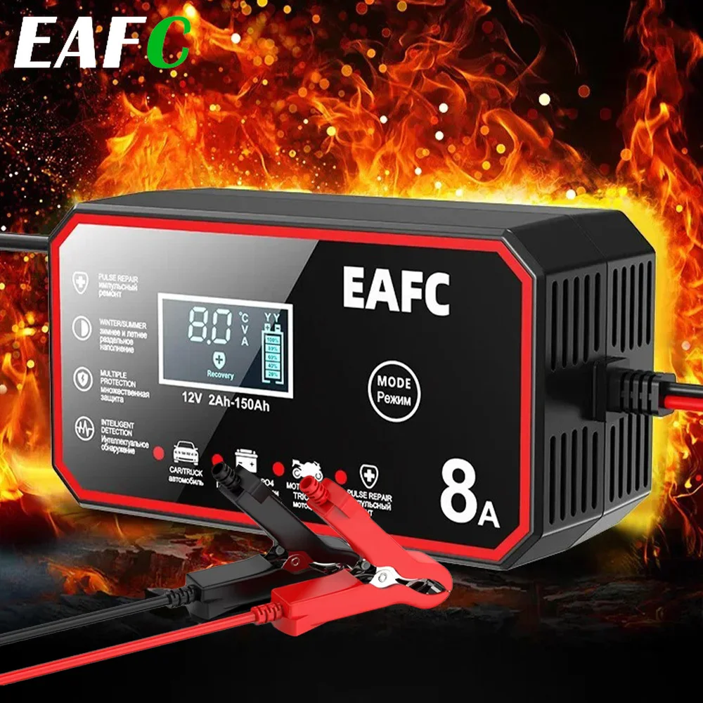 EAFC 12V 8A Pulse Repair Charger Car Battery Charger for  Lead Acid Battery AGM GEL WET LiFePO4 Car Motorc Truck SUV Charging