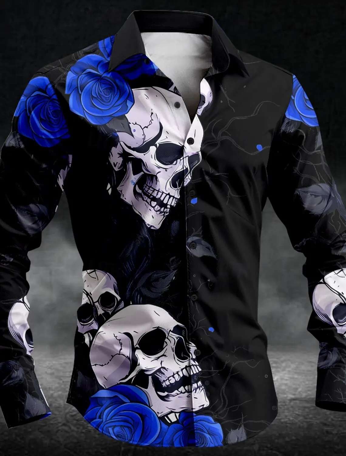 2024 New Men\'s Rose Skull Casual Comfortable Dark Men\'s Button Down Shirt Long Sleeve Party Party Everyday Shirt Collar Buttons
