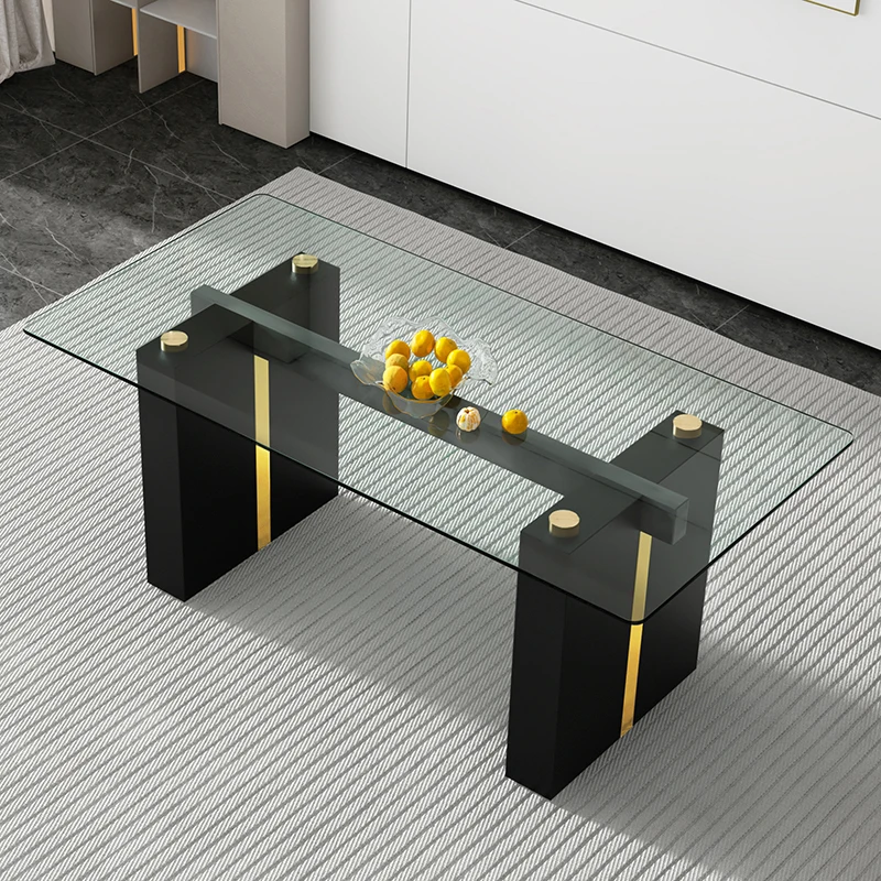 Large modern simple rectangular glass table, which can accommodate 6-8 people, equipped with 0.39-inch tempered glass table top