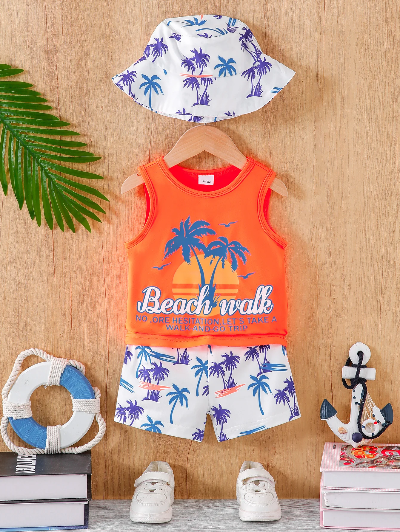 

Boys Summer Casual Holiday Travel Coconut Tree Print Sleeveless Vest Two-Piece Set with Hat Baby Boys Summer Outfit Set