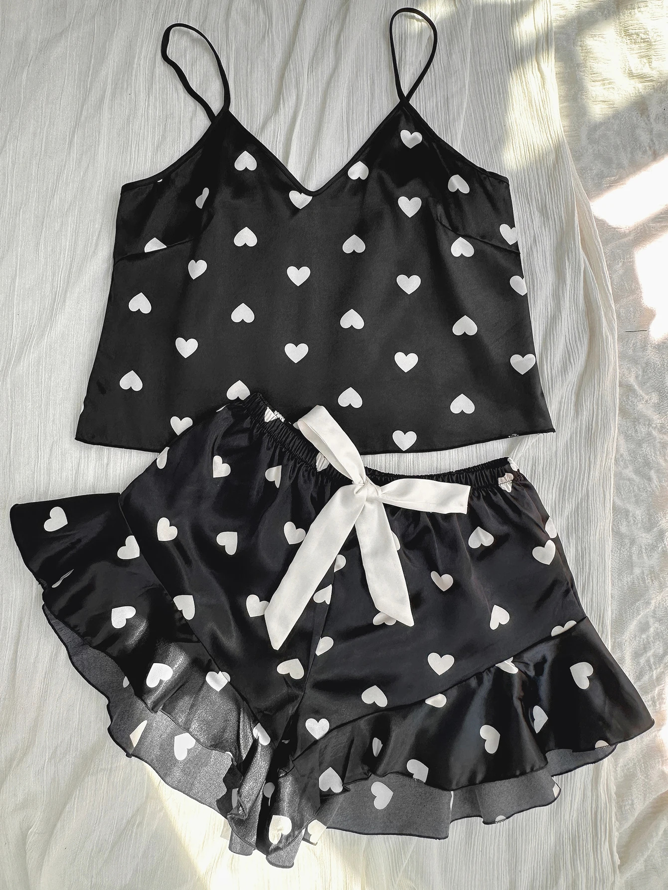 Cute Heart Print Pajamas for Women Set V Neck Top and Shorts Loungewear Sexy Fashion Women’s Sleepwear for Home image 4
