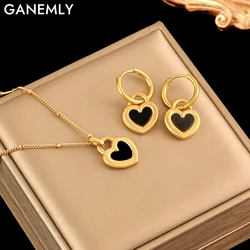 GANEMLY 316L Stainless Steel Double Heart Pendant Necklace Earrings Set For Women Sweet Fashion New Jewelry Set Lady Gift Party