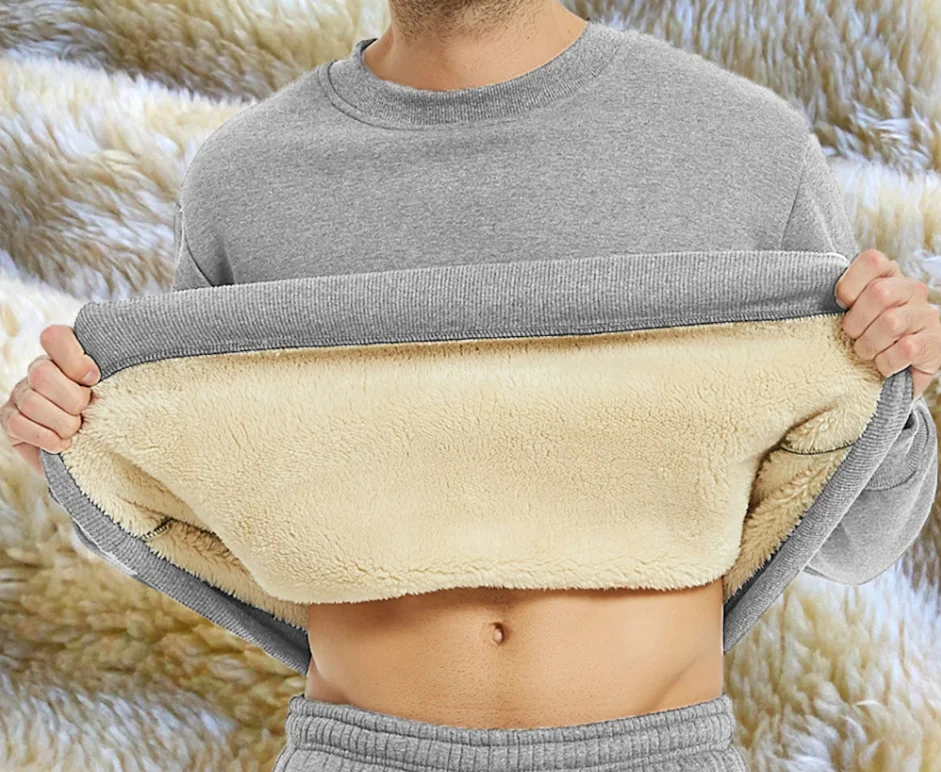 Herren Neues Winter-warmes, mit Fleece gefüttertes T-Shirt, dick, Rundhalsausschnitt, solides Basic-Pullover-Sweatshirt, Thermo-Unterwäsche, Oberteile, Kleidung – Detail 4