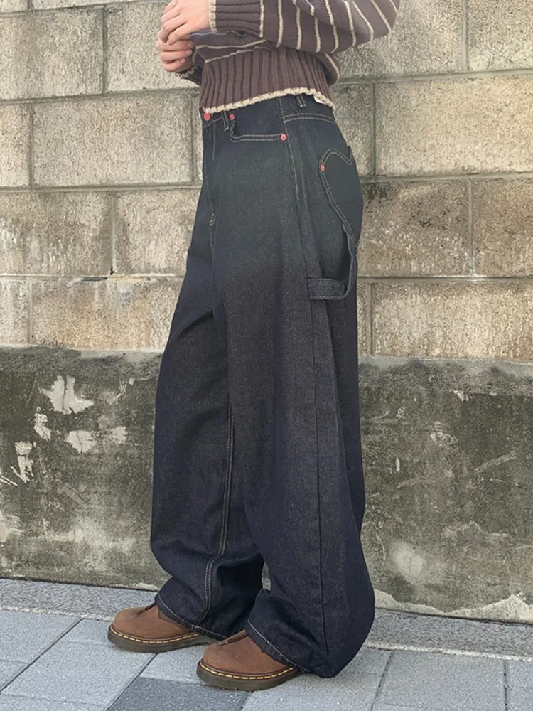 Retro rua sle outono inverno solto perna larga jeans casuais feminino amarrar emagrecimento ket coração design versátil denim