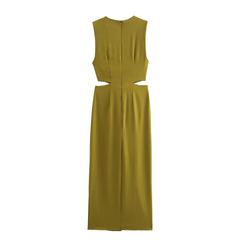 ชุดเดรสแฟชั่นฤดูร้อน Simple Cut-Out แขนกุดคอกลม Midi Casual Shift ชุดเดรสสําหรับผู้หญิง