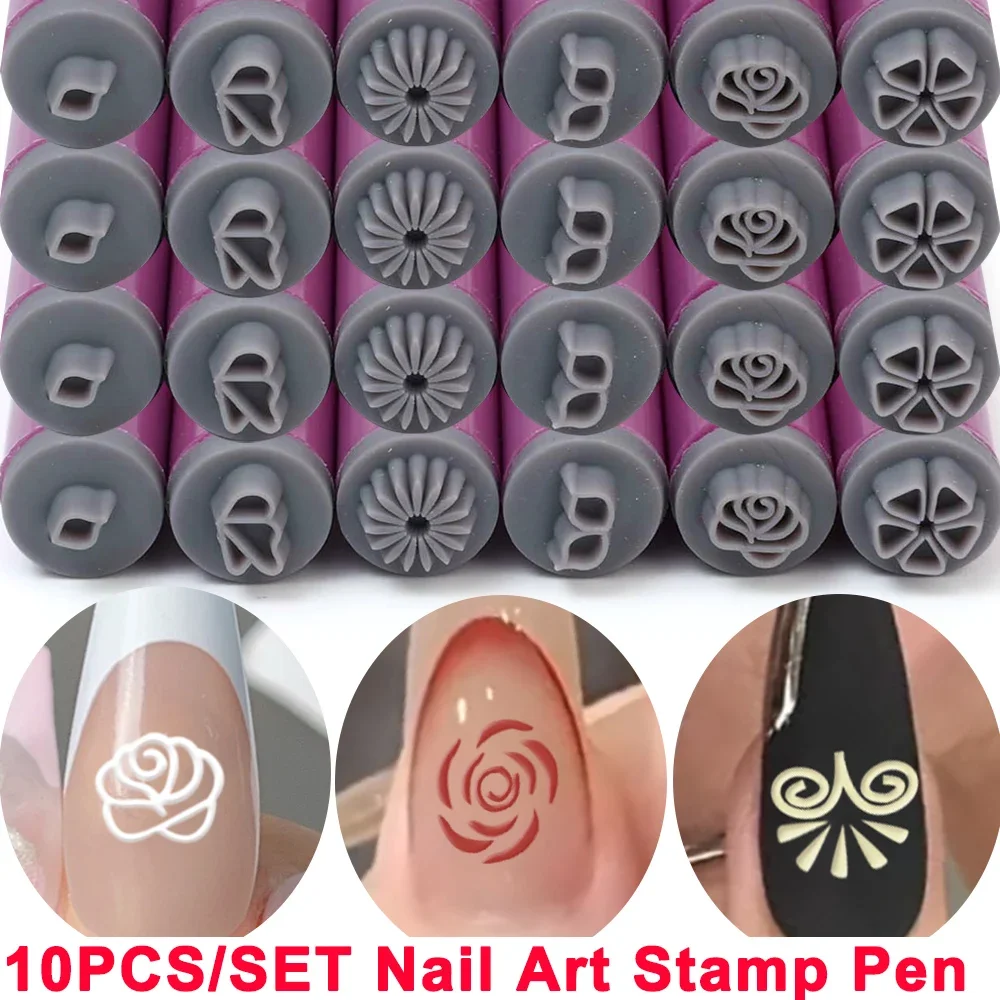1-10 pçs conjunto de caneta de carimbo de arte de unha profissional chique carimbo de arte de unha diy artesanato floral borboleta padrão modelos ferramentas de manicure