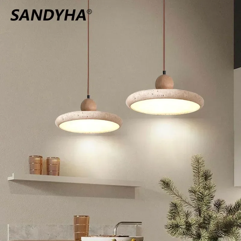 

SANDYHA Yellow Cave Stone Chandeliers Retro Round Pendant Lamp for Dining Room Bedroom Bedside Kitchen Island Light Luminaire