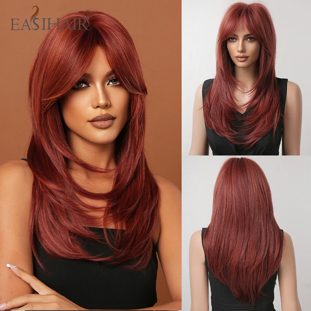 

EASIHAIR Orange Red Synthetic Wigs Long Straight Wine Red Natural Hair Wig for Women with Bangs Cosplay Hair Heat Resistant