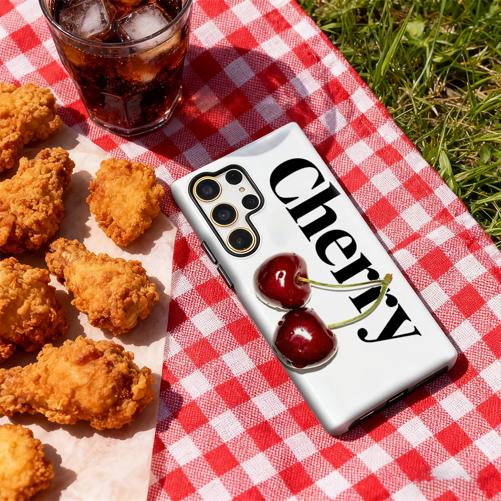 Fresh Cherry Pop Handyhülle für Samsung Galaxy S25 Ultra S24 S23 Ultra Plus, glänzende doppellagige Rückseite