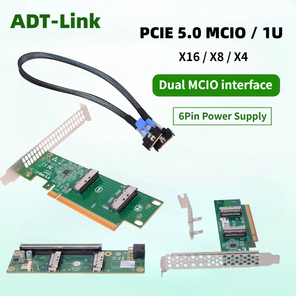 PCle 5.0 Dual MCIO X16 / X8 X4 External Expansion Adapter Baseplate Riser Card for GPU Discrete Graphics Card 6-Pin Power Supply