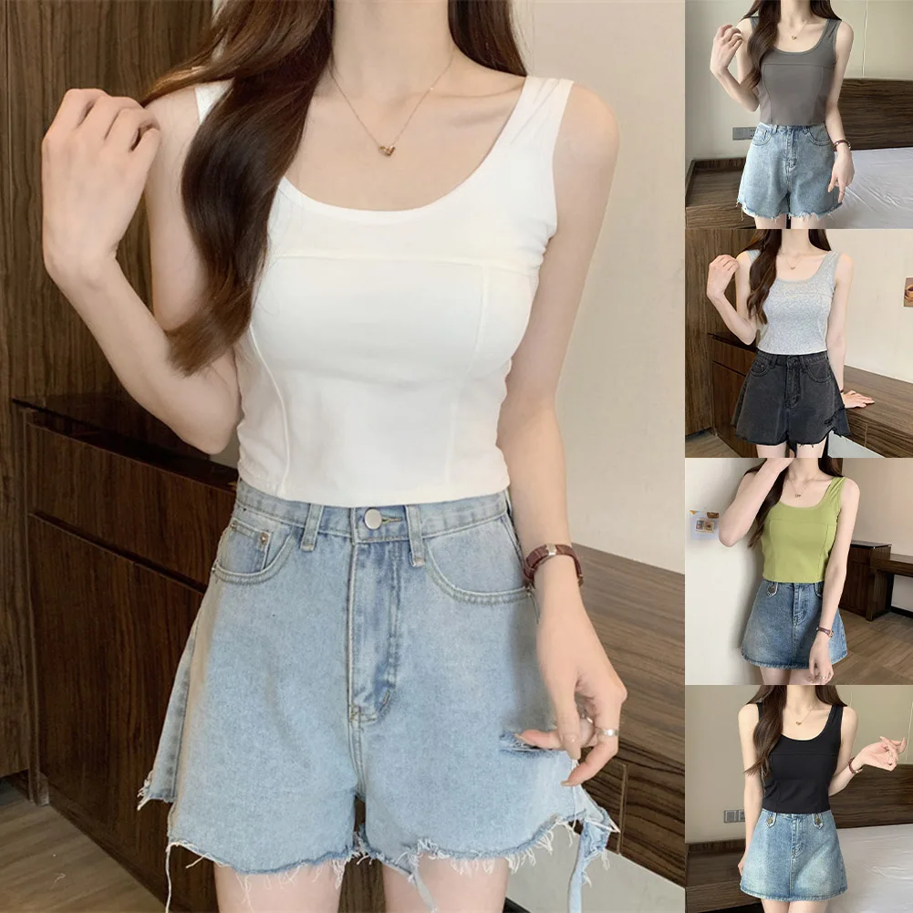 

Women Basic Vest Sleeveless Square Neck Slim Crop Top Solid Camisole With Pads Inner/outer Wear Base Shirt Tank Ladies Vest Tops