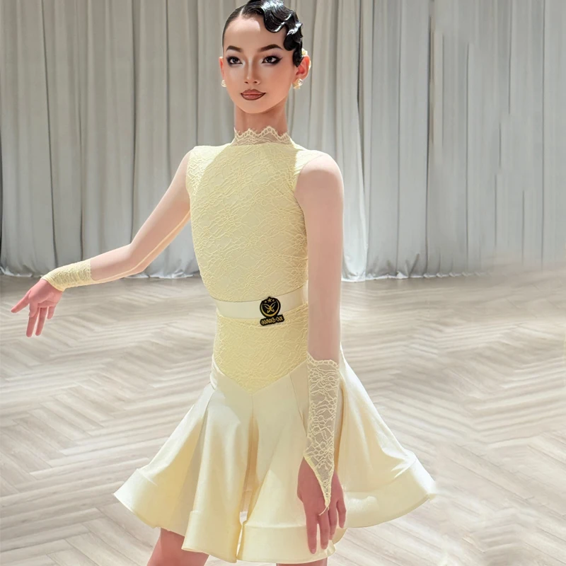 High End Ballroom Dance Professional Dresses Girls Mesh Sleeves Latin Dance Dress Kids Performance Dance Costumes SL15489