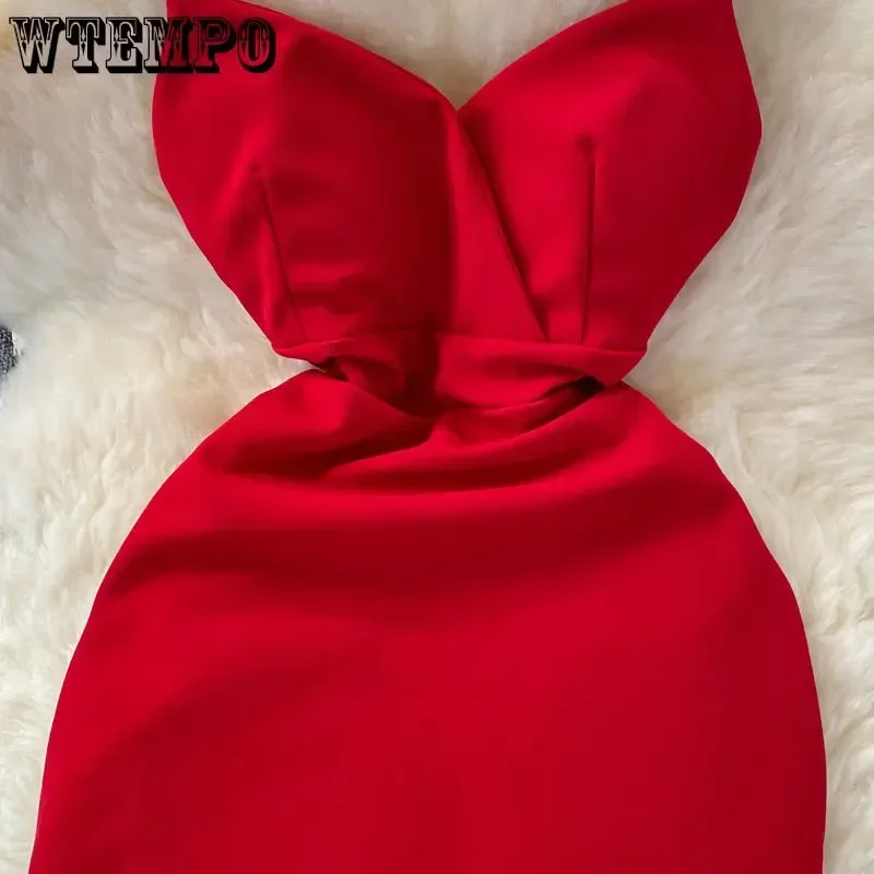 WTEMPO Sexy Women Summer Dress Solid Irregular Hip Wrap Red Dress Backless V-neck High Waist Slim Sleeveless Party Dress