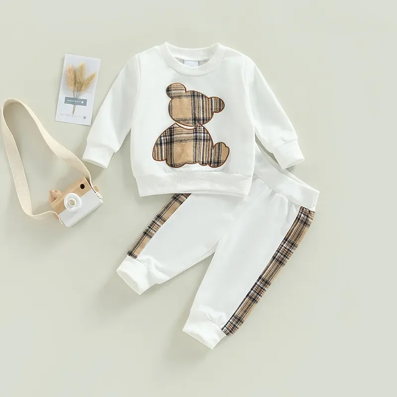 

0-24M Baby Girls Autumn Clothes Newborn Toddler Long Sleeve Plaid Bear Pattern Tops Sweatshirt Pants Outfits Tracksuits