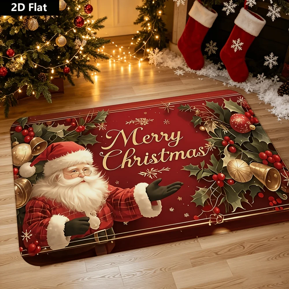 Merry Christmas Doormat Plaid Santa Golden Bell Welcome Rug Winter Area Rug Entrance Corridor Patio Home Decor Floor mat