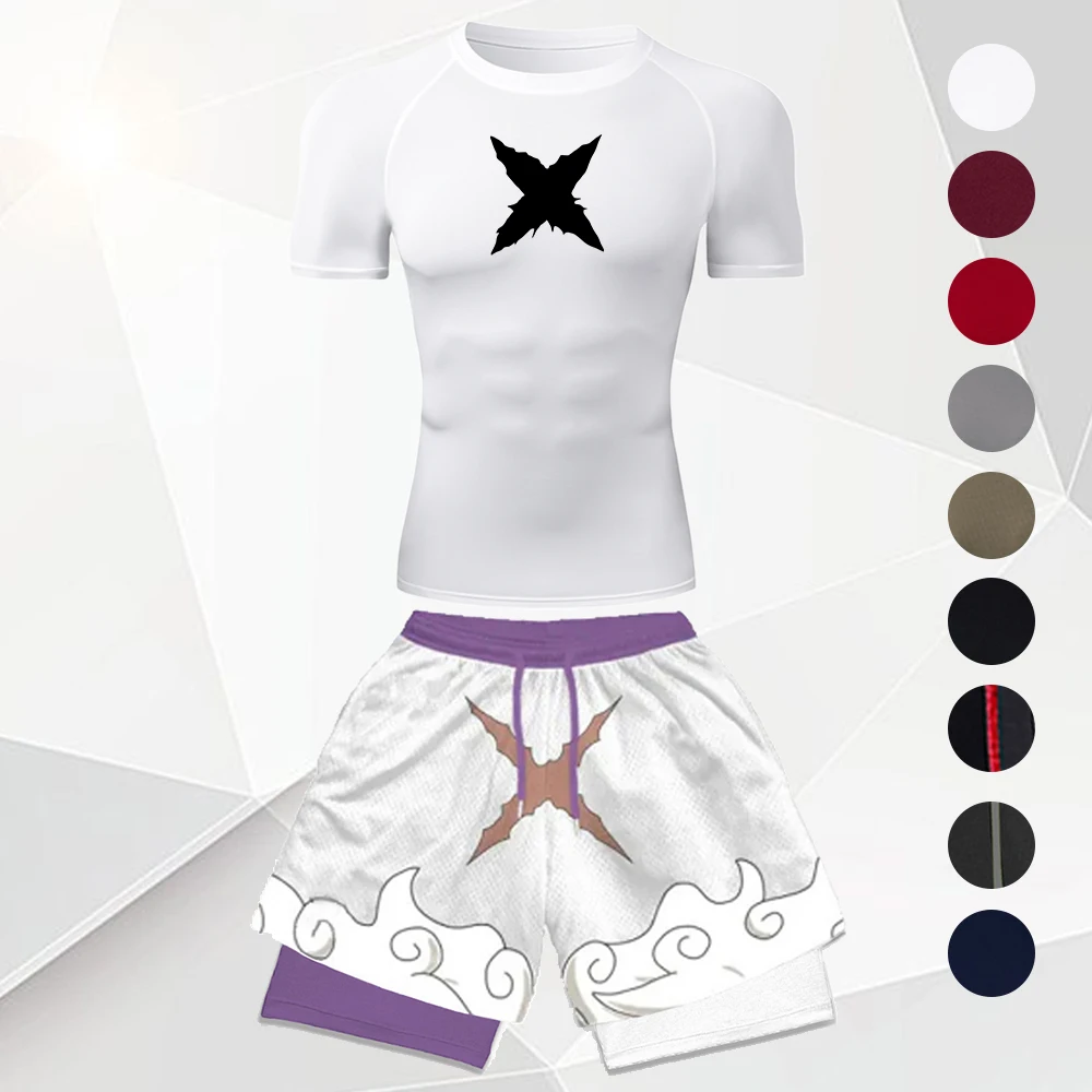 Men's Compression Fitness T-Shirt Cloud Pattern 3D Shorts Set X Mark Print Athletic Training Workout Sport Outfit 2 Piece
