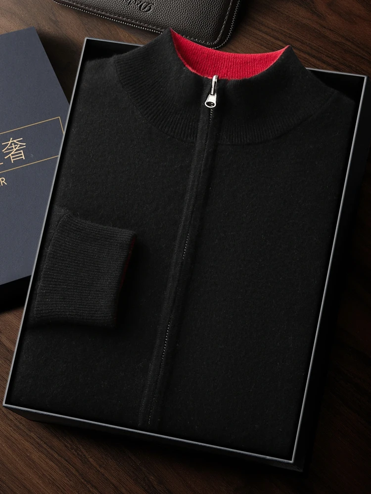 Business Men's Two-Sided Zipped Cardigan Mock Neck Thick 100% Cashmere Sweater Autumn Winter Warm Soft Casual Loose Clothing Top