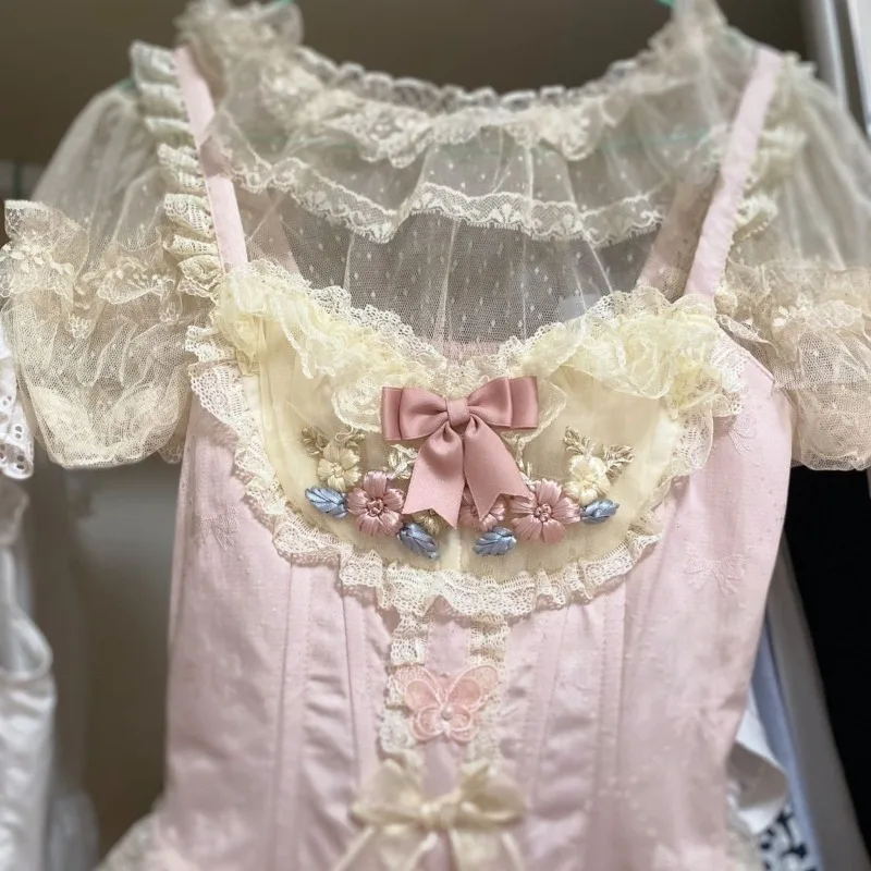 

Japanese Sweet Cute Lolita Lace Shirts Women Summer New See Through Mesh Blouses Y2k Puff Sleeve Bottoming Blusas Mujer