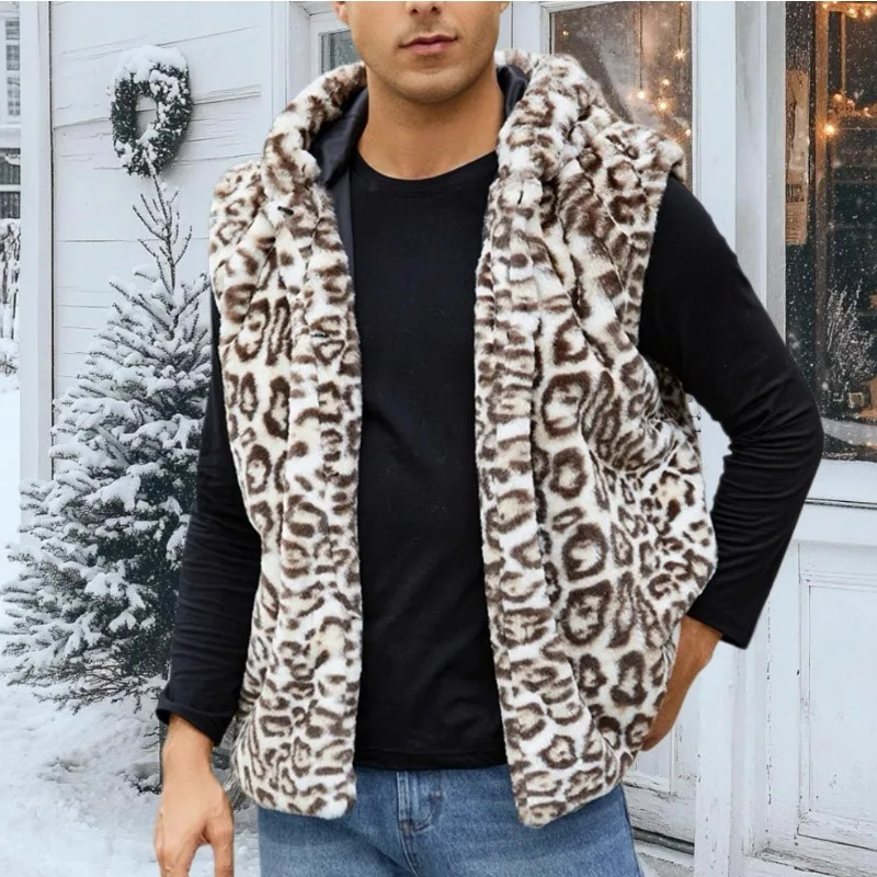 KIDWHXR Winter Man Waistcoat Streetwear Leopard Print Male Vest Jacket Thicken Warm Sleeveless Men Outdoor Casual Hooded Vest