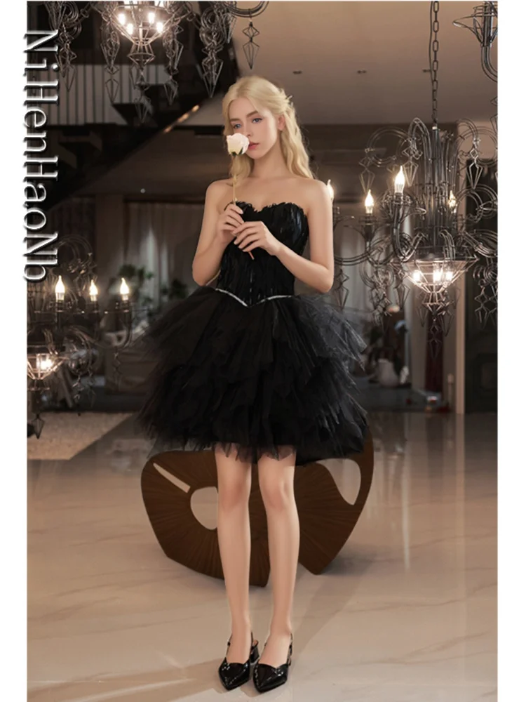 

Short Feather Black Sweet Women Princess Wedding Prom Banquet Party Performance Dress Gown