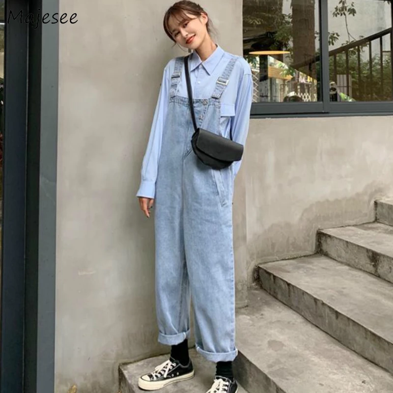 Jumpsuits Women Light Blue Cowboy Denim Popular Baggy Cute Harajuku Suspender Full Straight Trousers Female Fashion Breathable