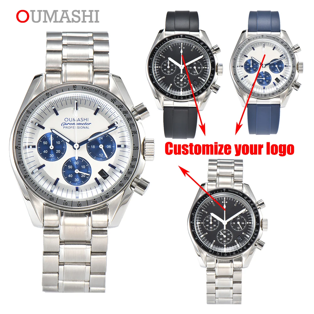 

39.5mm OUMASHI Men's Watch Moon Design Superb Style Six Pin Automatic Date Speed Timer Sapphire Mirror VK63 Movement