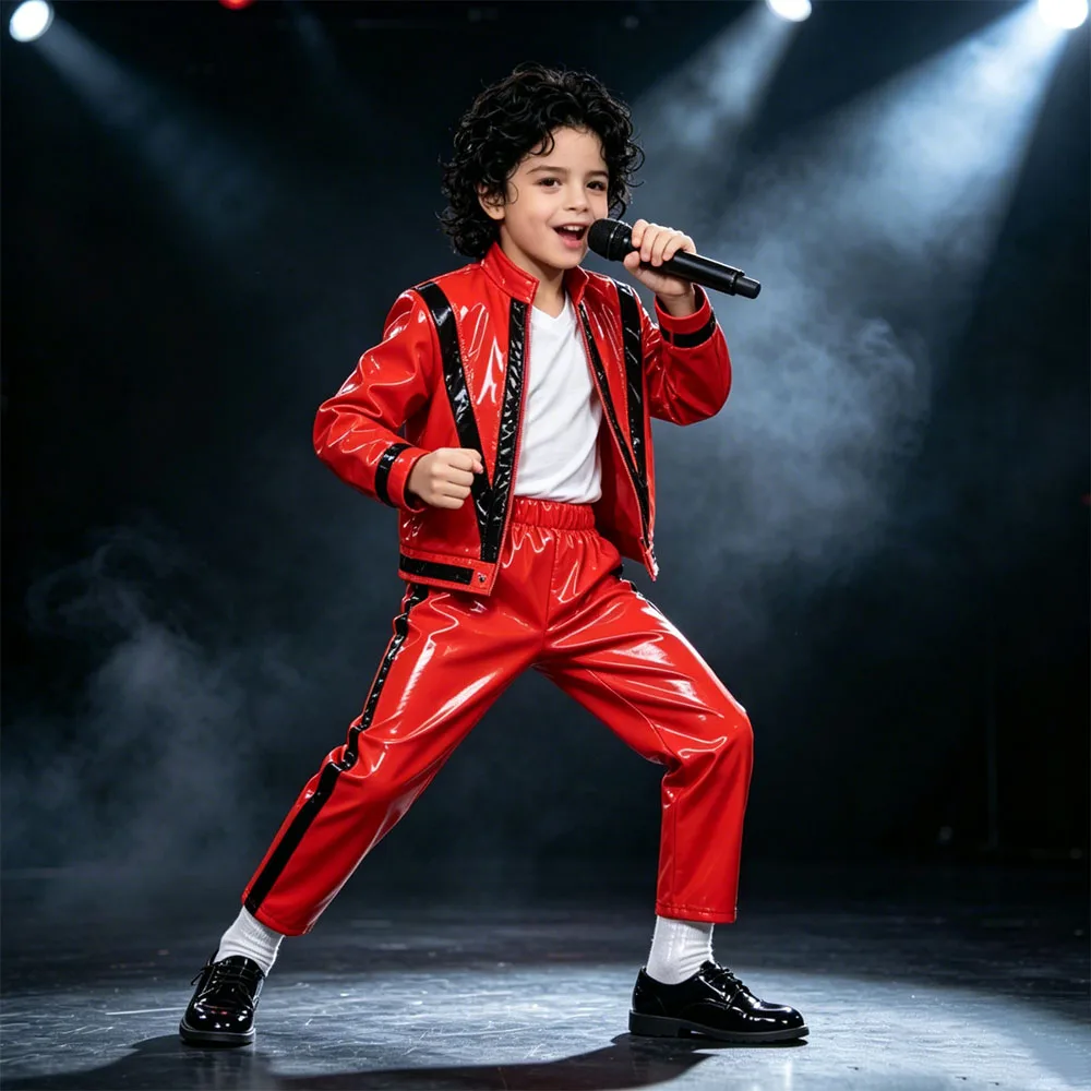Michael Jackson Thriller Kostümset in Rot und Schwarz mit Farbblockierung, aus Kunstleder, Retro 1980er Jahre Pop-Sänger Cosplay-Outfit für Halloween