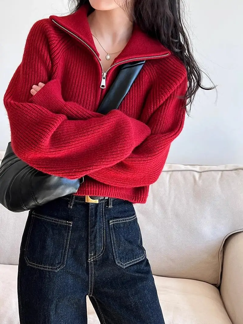 Red Knitted Sweater Women's High Waist Loose Fit Half High Collar Zipper Design Autumn Winter New Sle Commute Korean Version