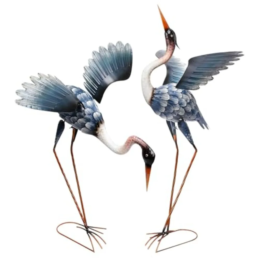 

Garden outdoor decor: metal blue heron statues, 2-pack crane sculptures for pond, patio, porchrust-resistant finish, natural bl