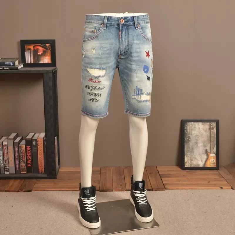الصيف مصمم أزياء الرجال الجينز الرجعية الأزرق تمتد ممزق الدينيم السراويل الرجال Y2K الهيب هوب التطريز خمر السراويل Hombre