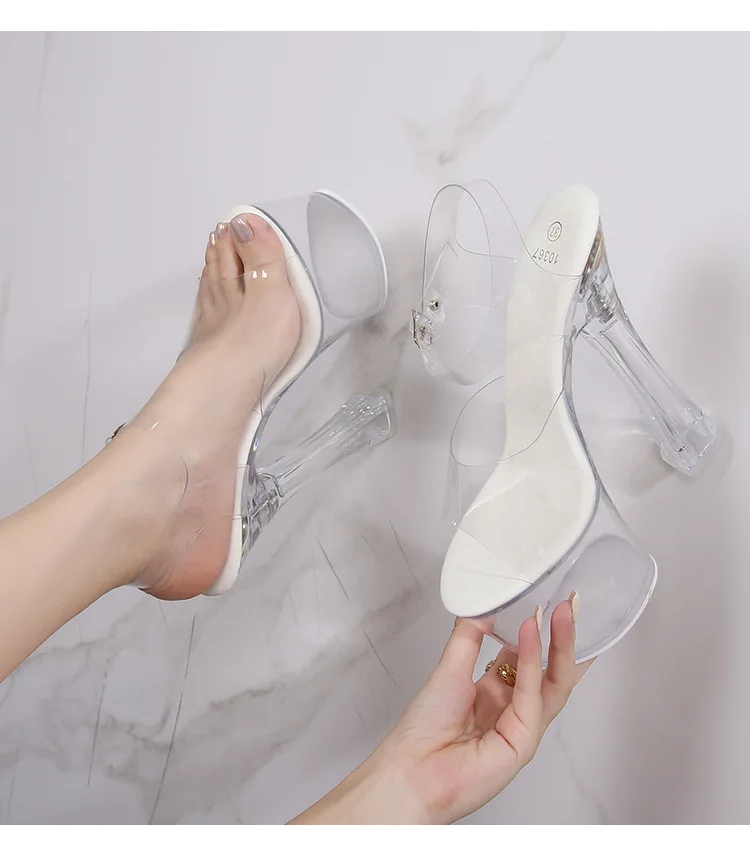 Tacones extremadamente altos de 17,5 CM, plataforma brillante, tacones claros, sandalias para discoteca para mujer, modelo de moda de PVC transparente, zapatos de pasarela