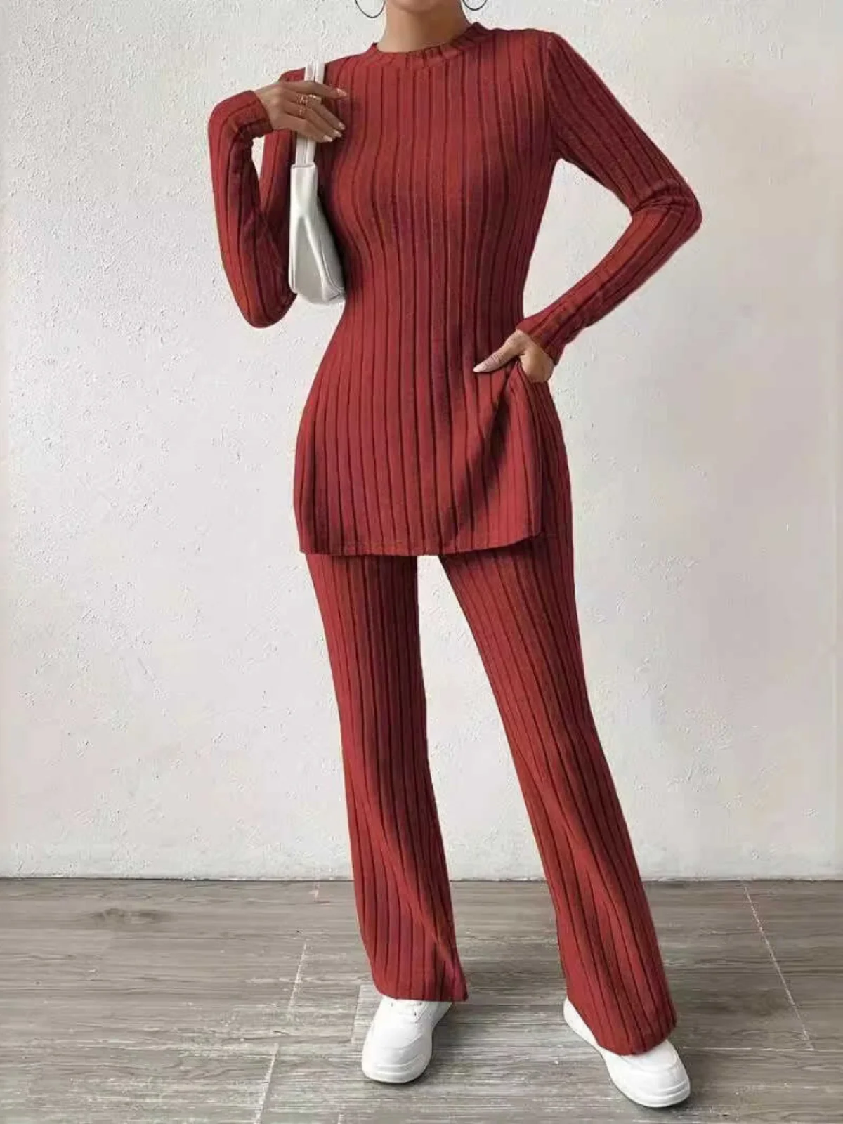 Outono inverno cor sólida casual slim fit conjunto de outerwear f manga longa em torno do pescoço topo e calças conjun...