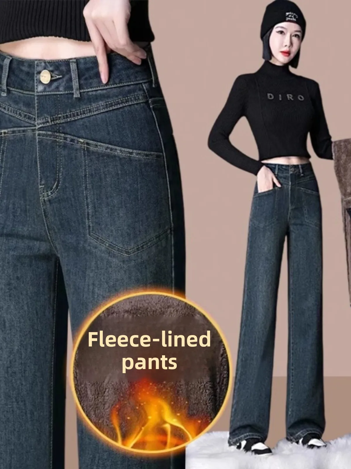 

Women's Fce Lined Loose Straight Leg Jeans Thi Wide Leg Pants Spring Autumn New Sle plus Size High Waist Long Jeans