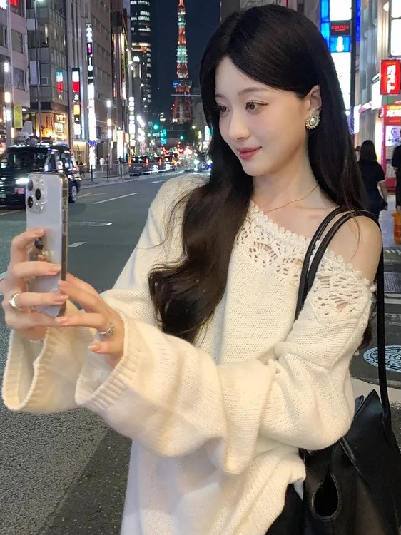 

Loose Korean Sle One oulder Hollow out Knitted Sweater Women's Autumn New Sle Casual Slimming Versatile Long Sve Top