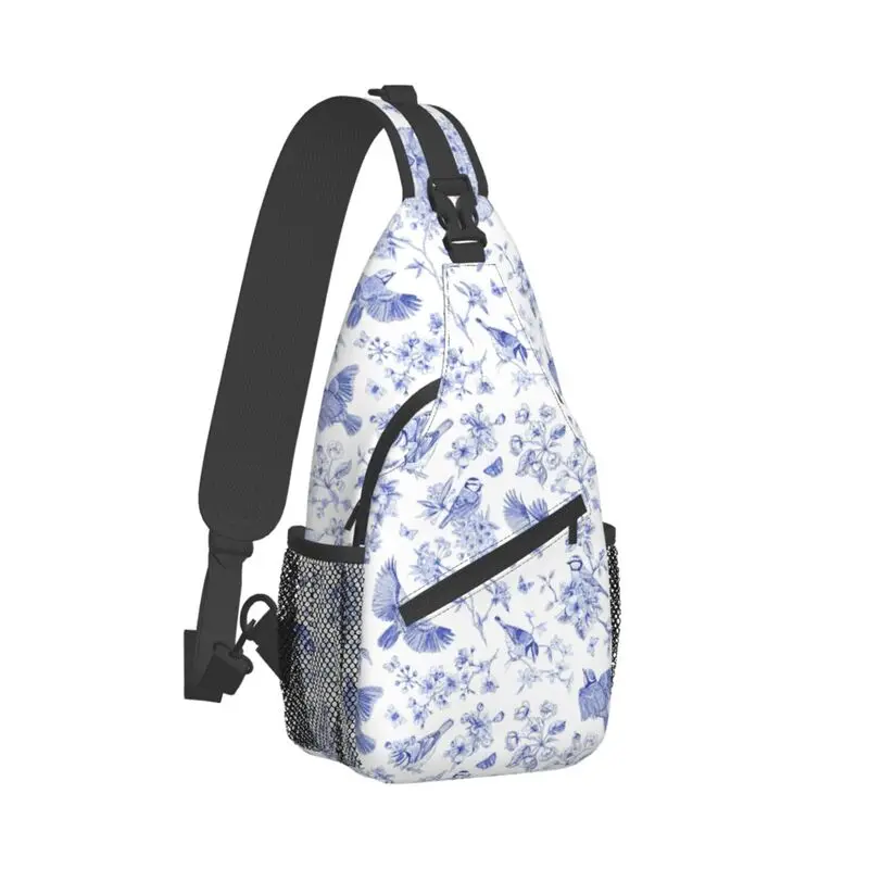 

French Toile De Jouy Inspired Blue Bird Pattern Sling Chest Crossbody Bag Men Cool Shoulder Backpack for Traveling