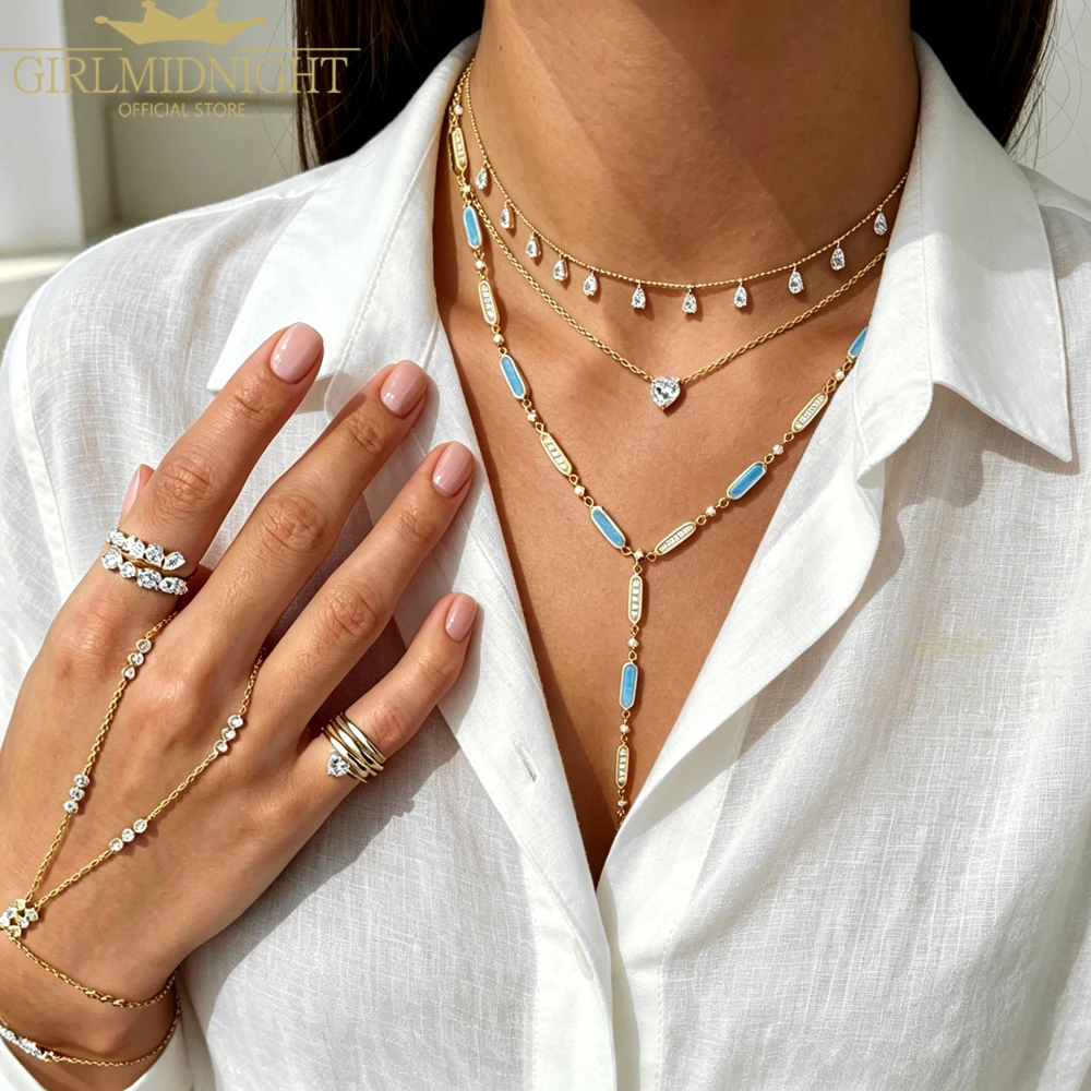 2026 New Long Y Lariat Necklace For Women Micro Pave Cz Geometric Rectangle Turquoise Enamel Charm Link Chain Choker Set Jewelry