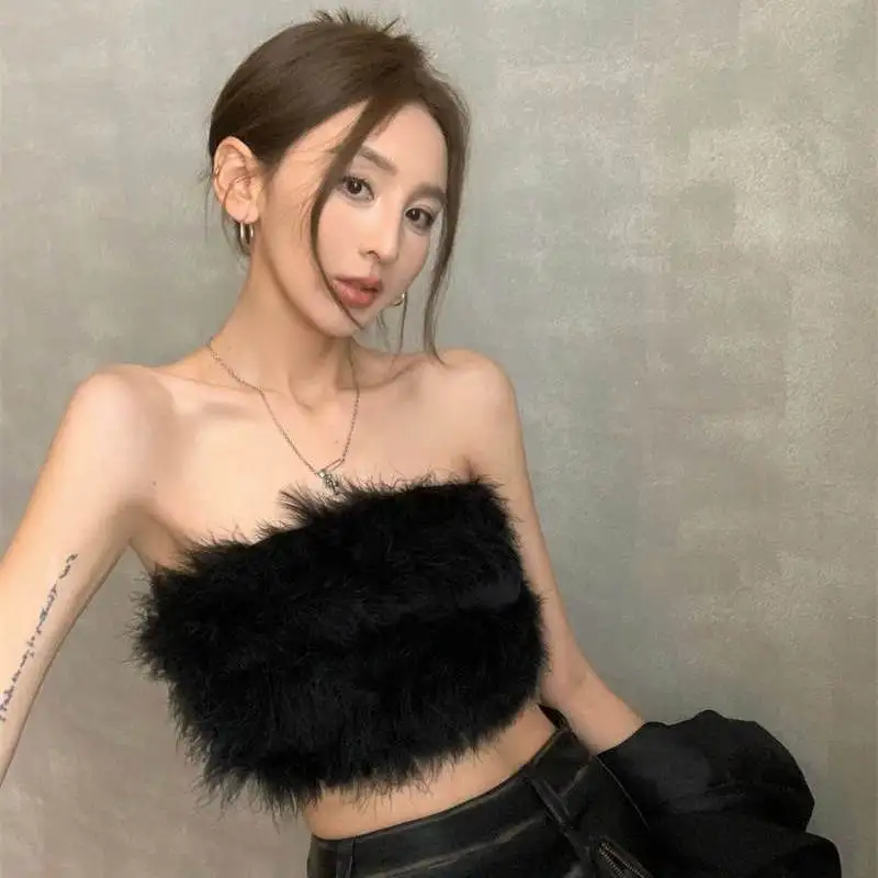 

Vintage Chic Sexy Y2K Crop Top Fuzzy Tank Top Spaghetti Strap Strapless Women's Streetwear Design Short Tops Slim T-shirt Trendy