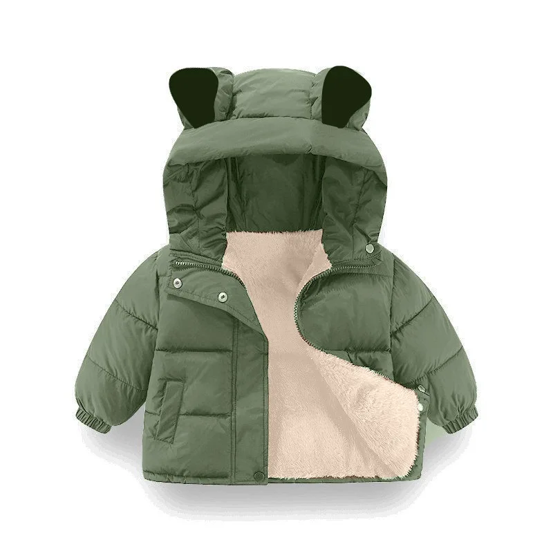 Autumn Winter New Boys Girls Jacket Solid Color Lining Plush Thick Warm Hooded Zipper Coat For 2-8 Years Kids Cotton Outerwear