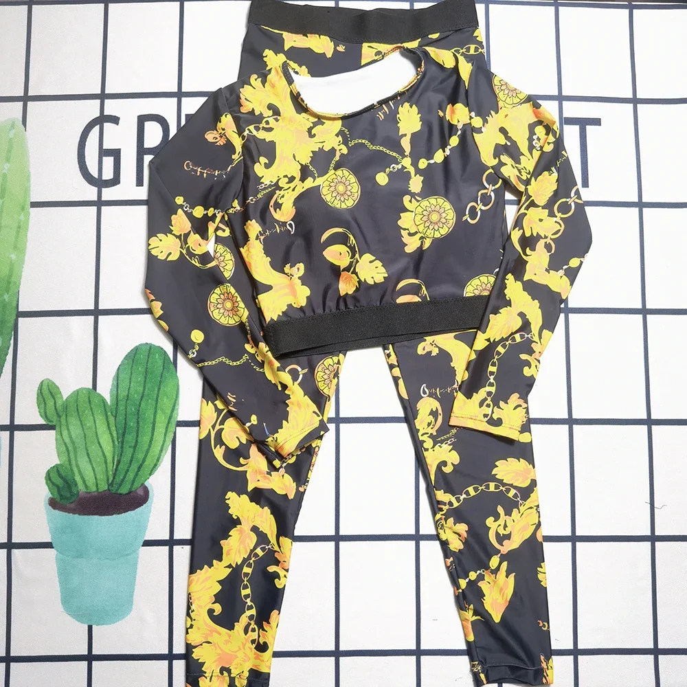 New Luxury Design Women's Body Suits Black Retro Flower Print Long Sleeve Yoga Sports Sets Fashion Design Women's Swimsuit Sets