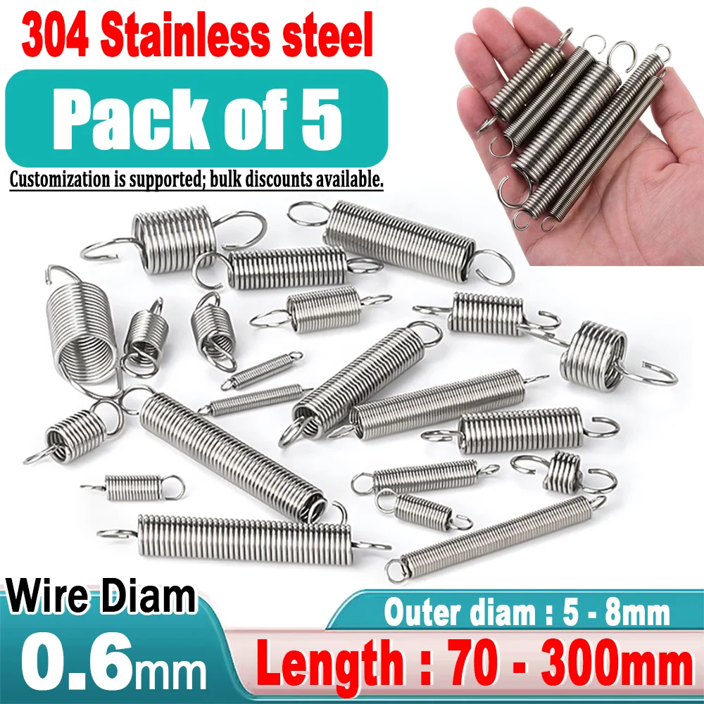 Wire Diameter 0.6mm Stainless Steel Open Hook Tension Spring Hook Spring Extension Spring Draught Spring Length: 70-300mm