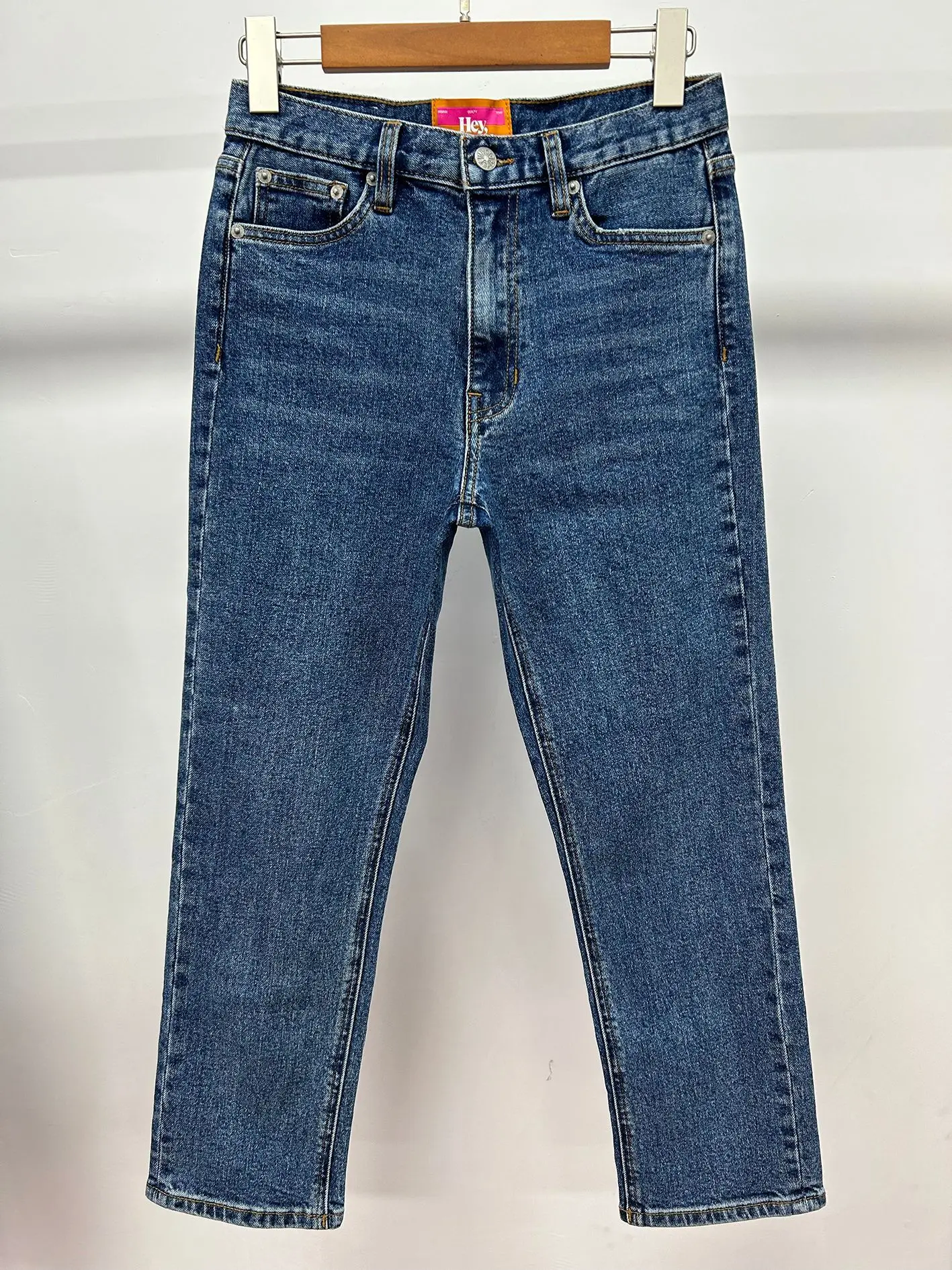 Women High waisted dark blue slightly elastic straight cropped jeans