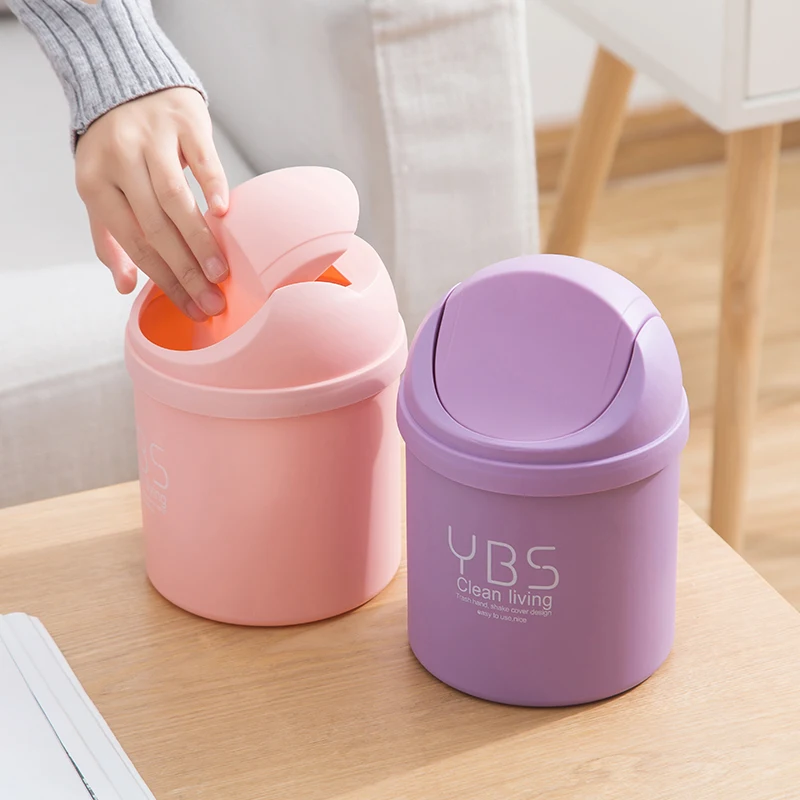 Desktop Mini Plastic Waste Garbage Can with Lid, Stylish Countertop Trash Bin Table Waste Paper Basket Round Small Trash