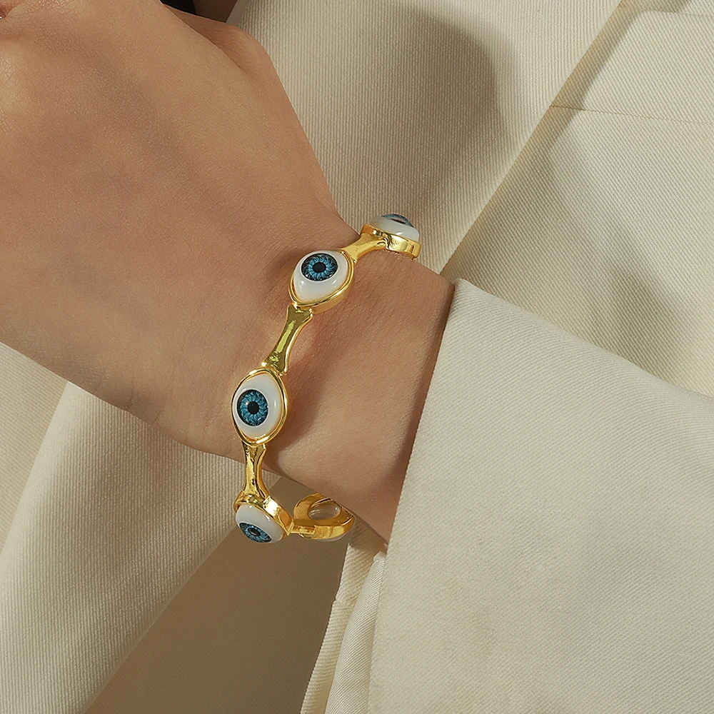Enamel Eye Heart Rings Open Bangles Copper Adjustable Turkish Evil Eye Bangle Ring Set for Women Girls Jewelry