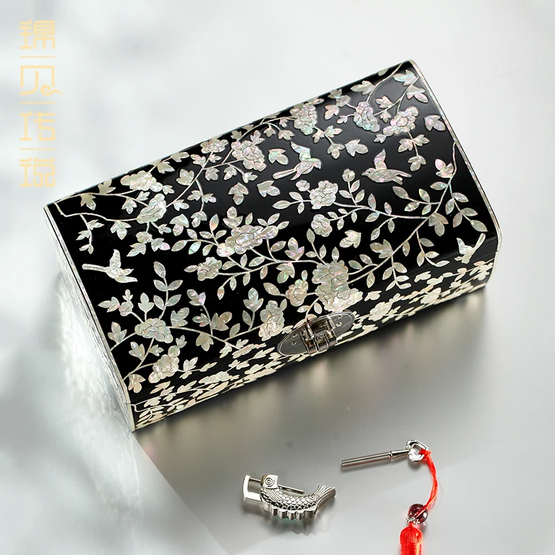 Lacquer Inlaid Lockable Jewelry Box Wedding Birthday Gift Handmade Storage for Necklace Earring Bracelet