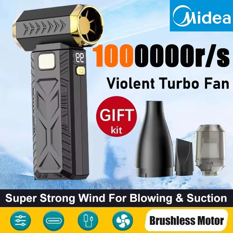 Midea ventilador violento 1000000rpm 2 em 1, soprador de ar super poderoso, sucção a vácuo para limpador de poeira, turbo sem escova, vento forte