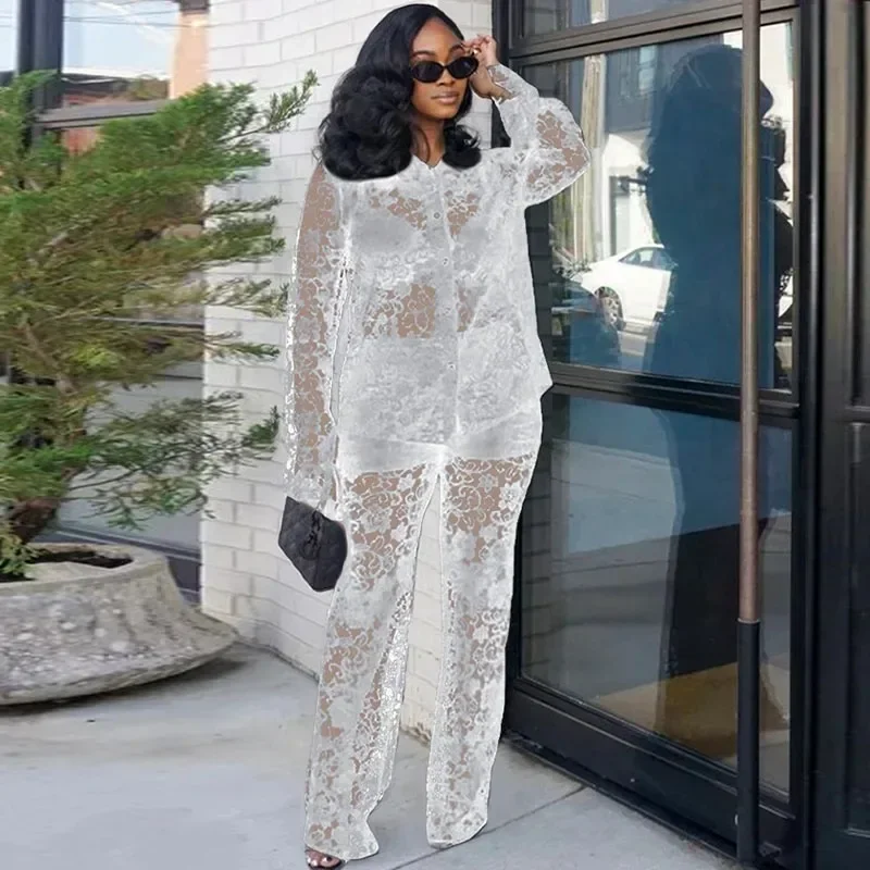 الأزهار الدانتيل مثير نادي الزي للملابس النسائية انظر من خلال قميص طويل الأكمام أعلى وسراويل واسعة الساق فرقة 2 قطعة فام