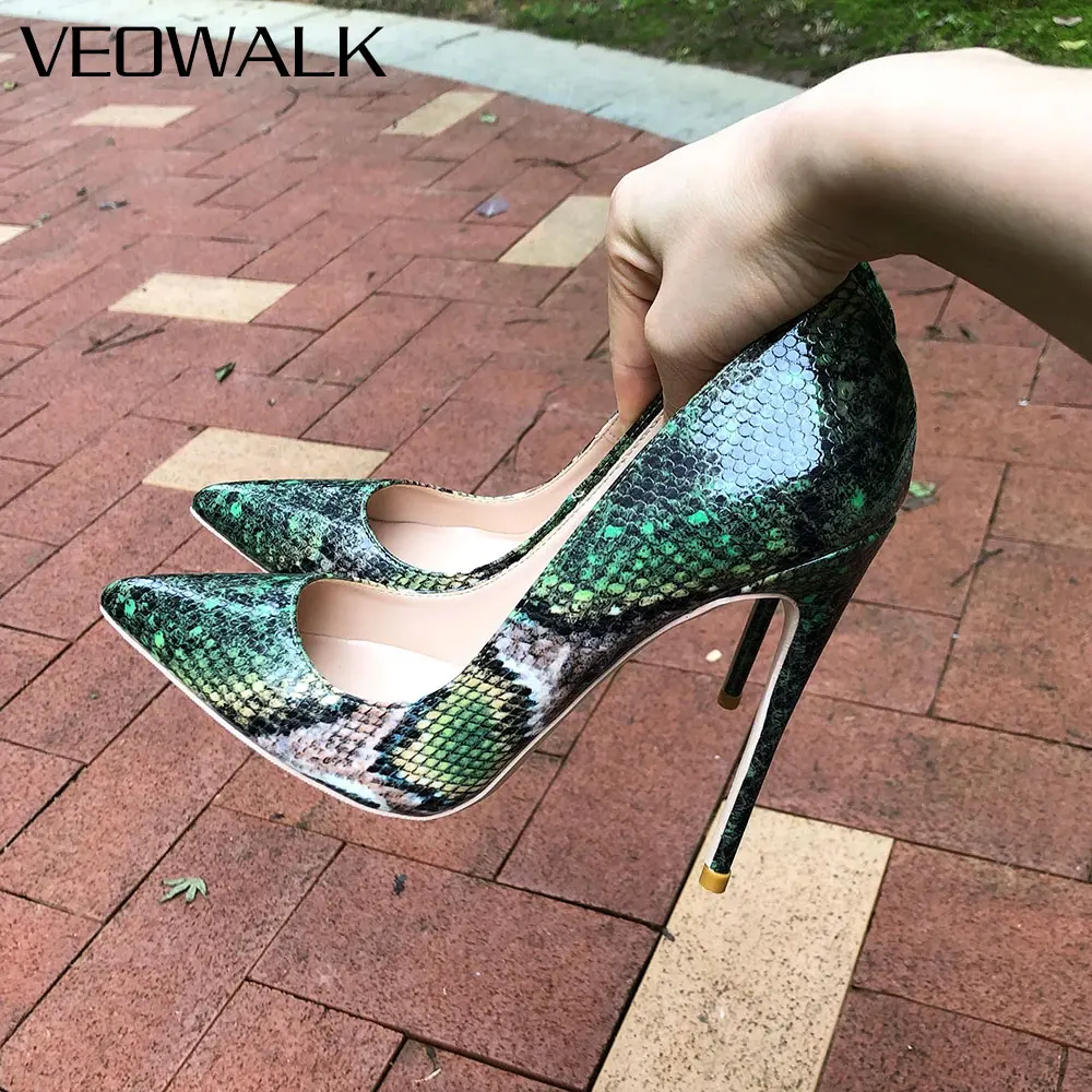 

Veowalk Green Crocodile Effect Women Sexy Pointed Toe High Heels Ladies Chic Stiletto Pumps Slip on Party Dress Shoes Plus Size