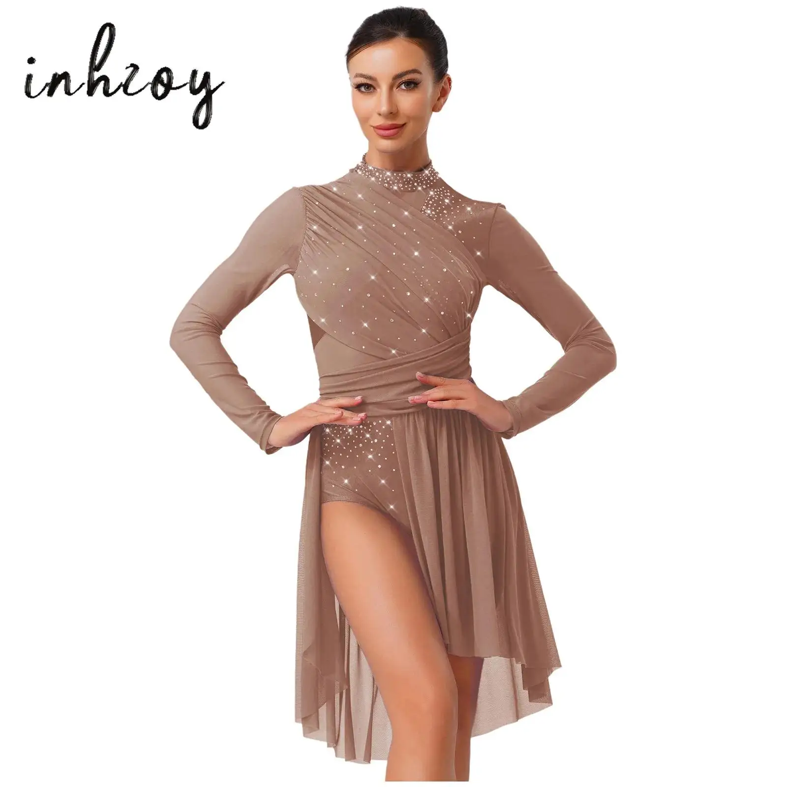 

Women's Glittery Rhinestones Lyrical Dance Dress Long Sleeve Ruched Backless One Piece Leotard Dress Contemporary Dance Costumes