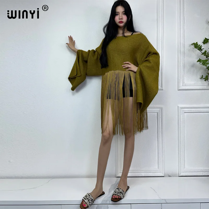 WINYI 2023 new Comfort Warm fashion clock party dress Elegant Africa holiday winter clothes women knitting tassel Jacket poncho